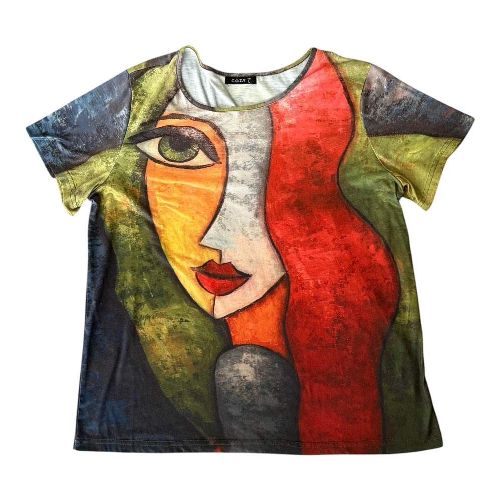 C.O.Z.Y Women Abstract Picasso Face Art Print T-Shirt Graphic Tee L Artsy Earthy